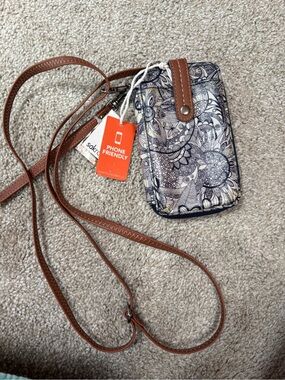 Sakroots Navy Floral Phone Crossbody Wallet with Brown Strap